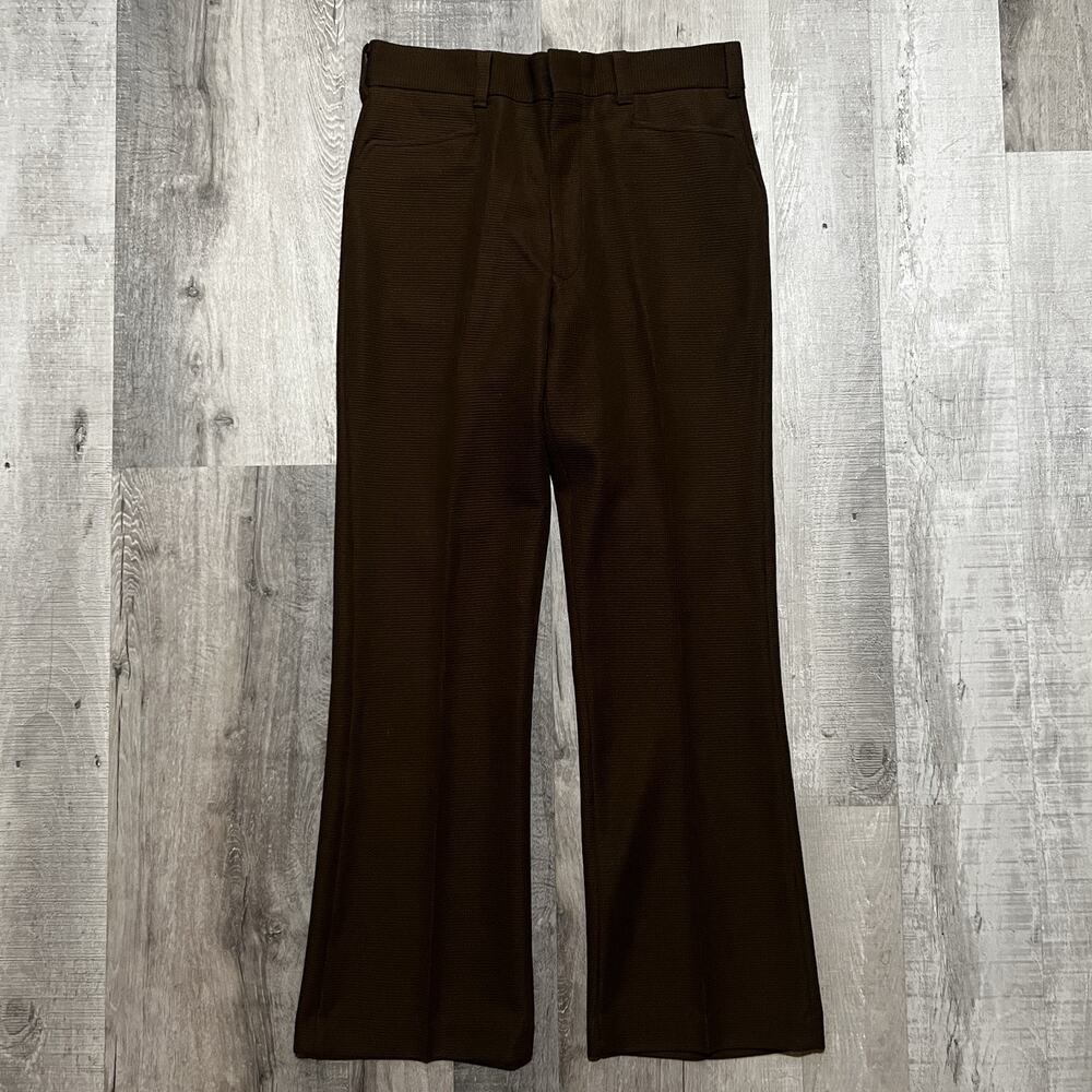 VTG 70s Chocolate Brown Bootcut Polyester Waffle Knit Rockabilly Men's Pants 32